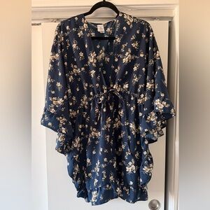 Navy Floral Tie-Front Kimono Cover-Up